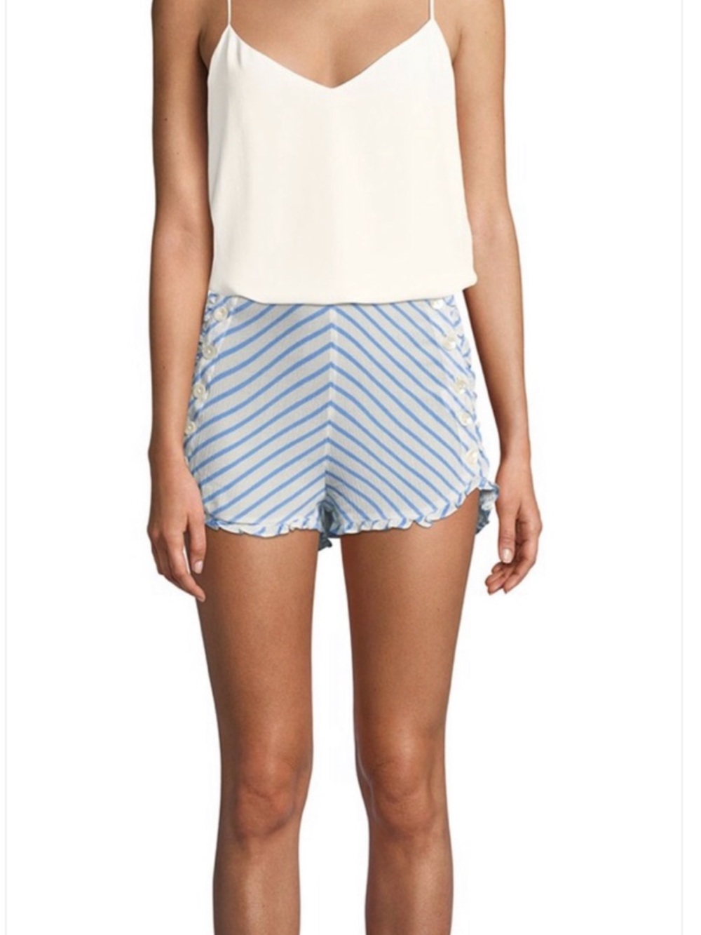 Tularosa Striped “Rae” High Rise Button-Trim Ruffle Edge Shorts - Picture 2 of 11